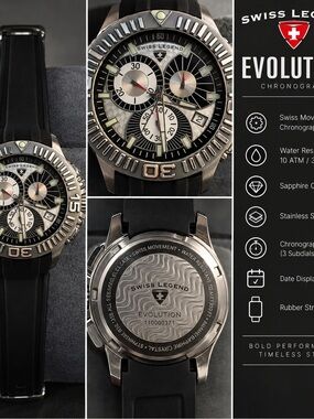 Swiss Legend Black and Silver Evolution Chronograph Watch with Rubber Strap